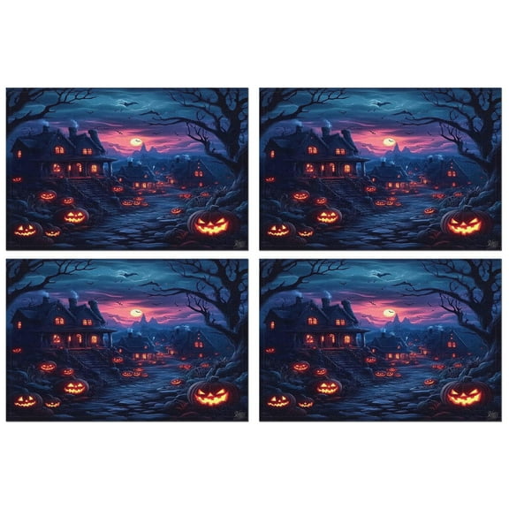 Halloween Scary Orange Pumpkin Spooky Castle Placemats Set of 4 12x18in Inch Seasonal Fall Holiday Table Mat Durable No Slip Dining Table Mats for Wedding Restaurant & Camping
