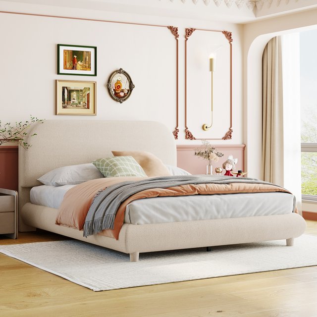 Beige Upholstered Platform Bed - Full Size Teddy Fleece Frame - Modern Curve Design