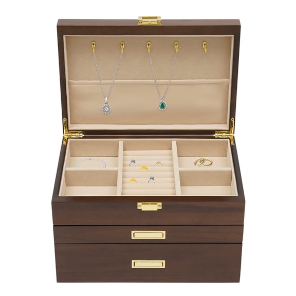 ToppiJoy 3 Layers Wooden Jewelry Box, Modern Jewelry Box Organizer for Earrings Rings Necklace Bracelet Gift (Black Walnut)