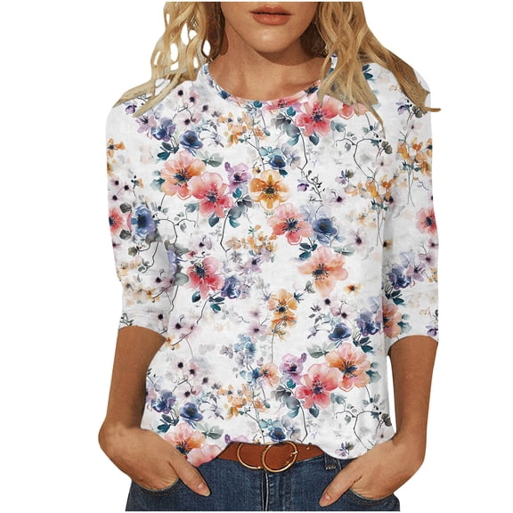 Womens Blouses Long Sleeve Women's Vintage Printed Round Neck 3/4 Sleeve T-Shirt Loose Top