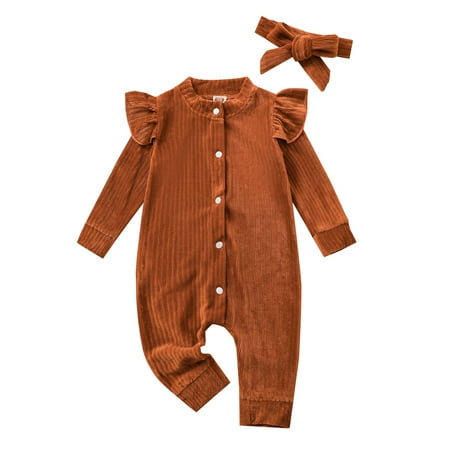 

Canrulo Newborn Infant Baby Girls Romper Velvet Long Sleeve Jumpsuit Ruffle Playsuit Outfits with Headband Brown 12-18 Months