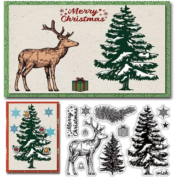Merry Christmas Clear Stamps Deer Decorative Xmas Tree Elk Gift Jingle Bell Clear Rubber Scrapbooking Stamps for Card Making DIY Photo Album Thanksgiving Decor Craft for DIY