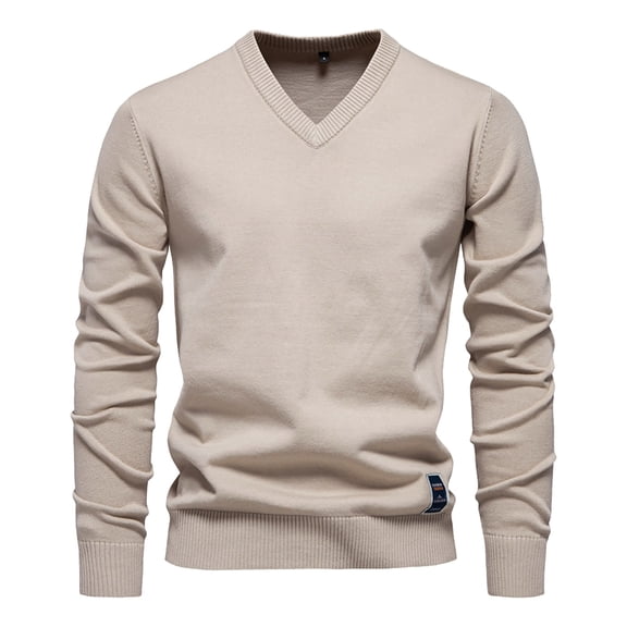 Breezora Mens Cotton V Neck Knit Sweater Breathable Lightweight Pullover Classic Casual Fall Top L Size Beige