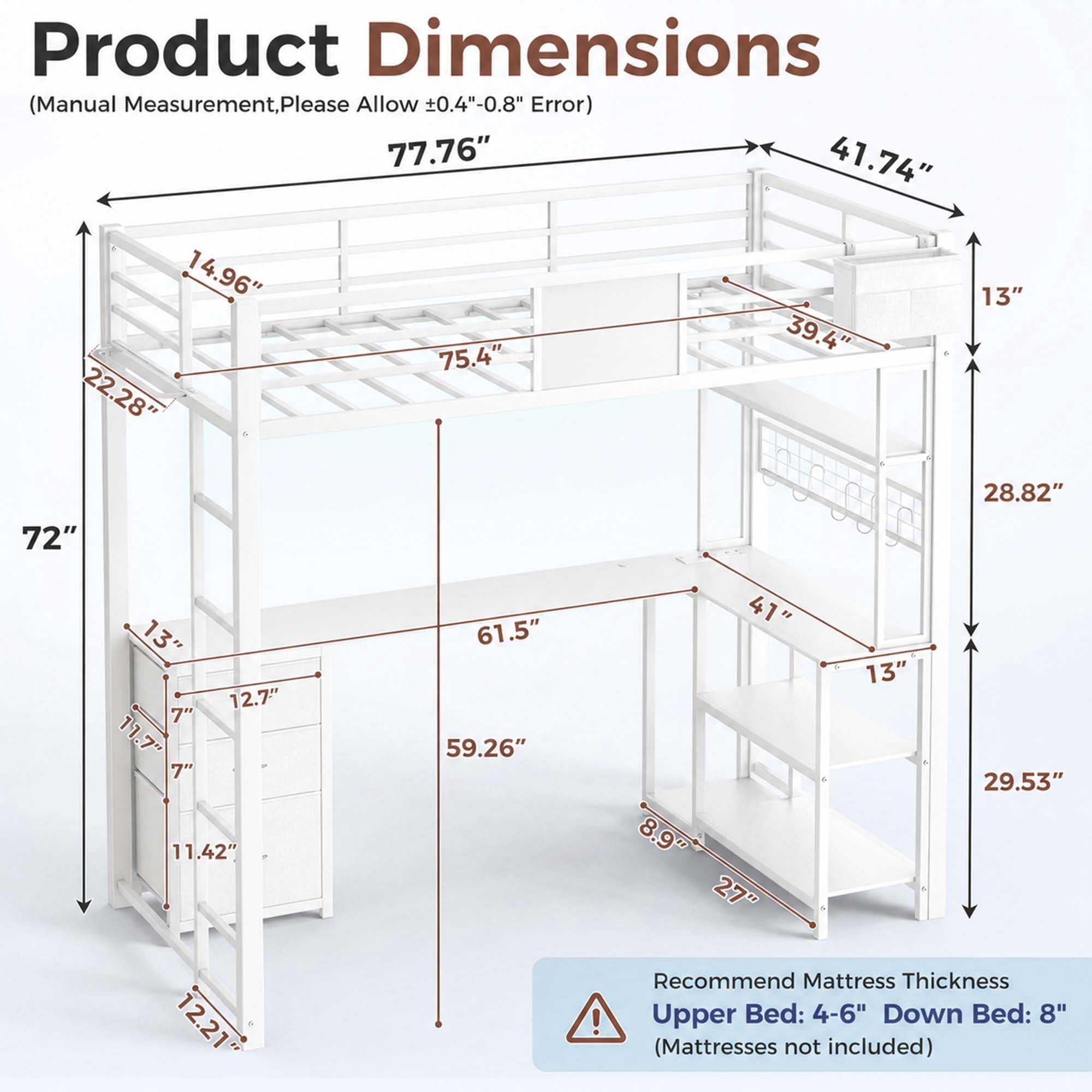Miniyam Twin Loft Bed with L-Shaped Desk and Storage, LED Light and Charging Station, White