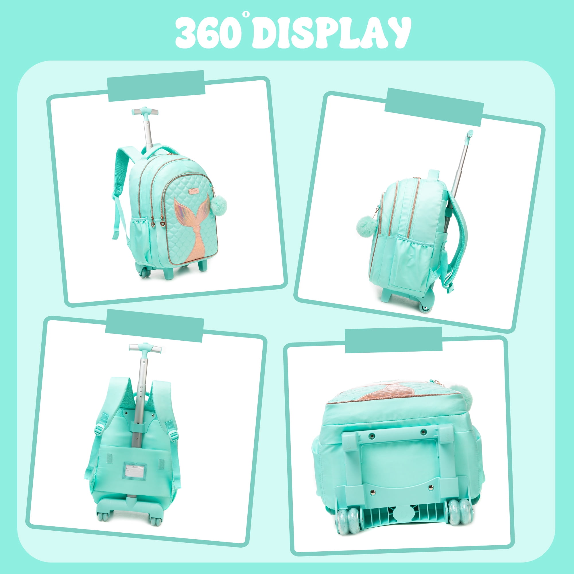 Mermaid Kids Rolling Backpack with Wheels for School Girls Bookbag with Lunch Box Pencil Case Luggage Ages 6-8 Green