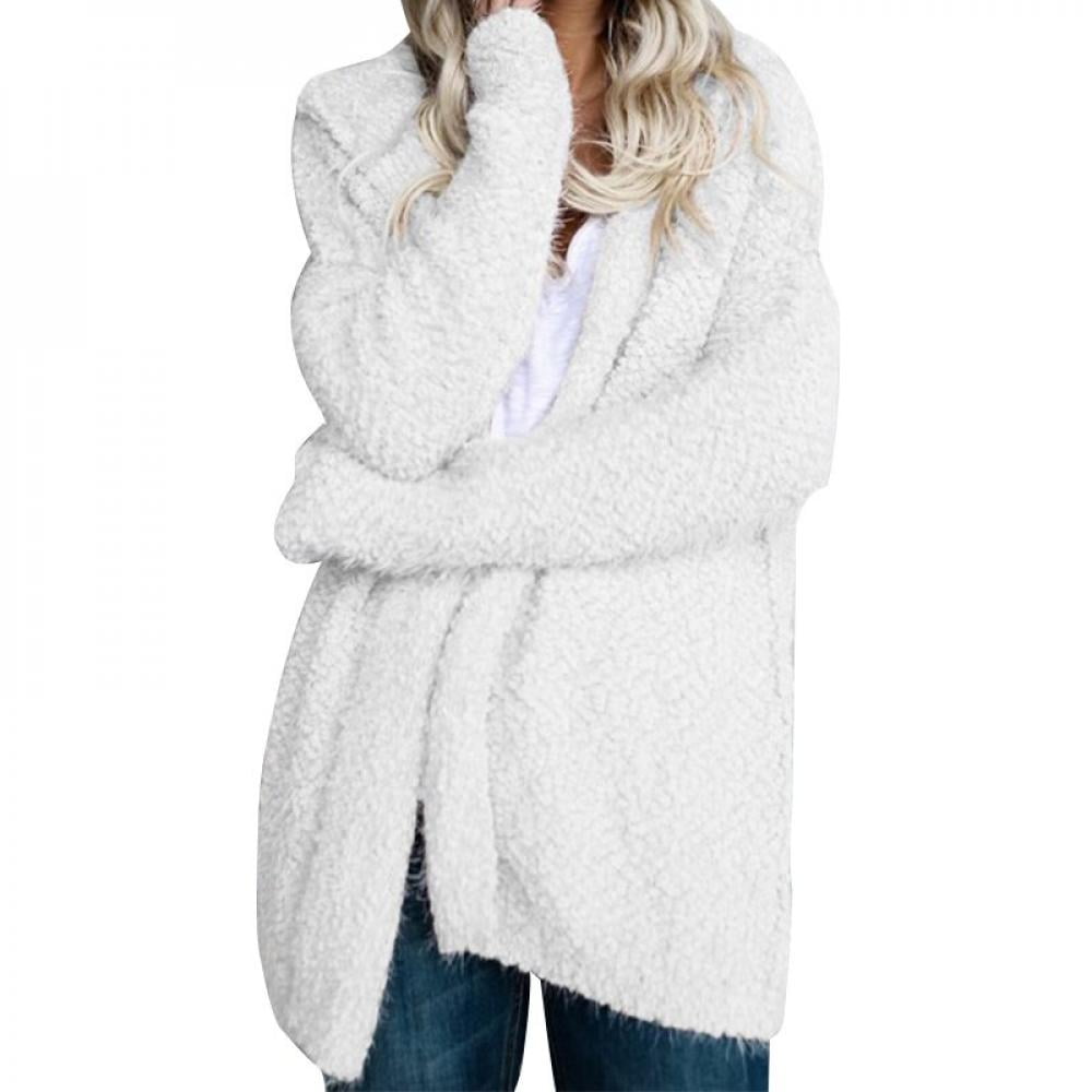 Womens Reversible Open Front Shaggy Cardigan Oversized Hooded Fleece Teddy Coat Jacket 