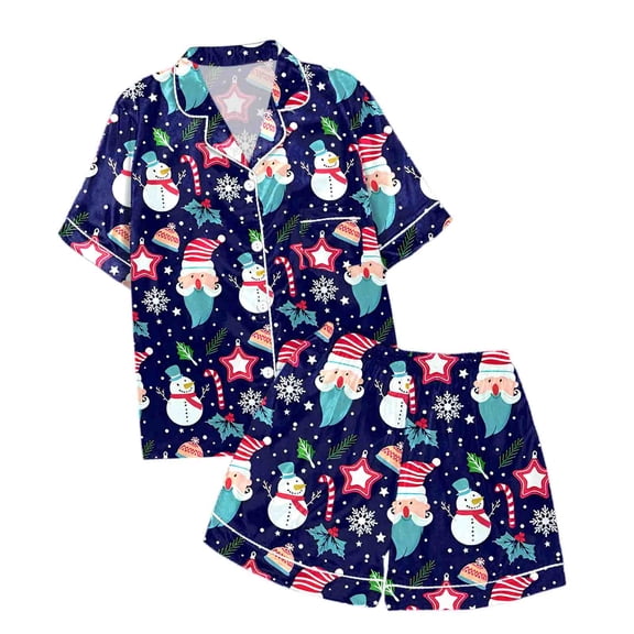 CAIVO Kids Casual Christmas Printed 2 Piece Pajama Sets Button Down Lapel Collar Short Sleeve Shirts Tops Shorts Pjs