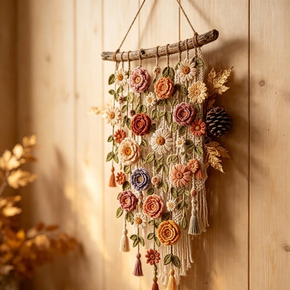 Clearance Under $7 Handmade Crochet Wall Hanging with Cascading Flowers for Farmhouse Decor