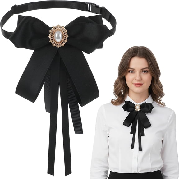 Elegant Bow Tie for Women and Girls, Pre-tied Black Bowtie with Rhinestone Pearl, Clip on Adjustable Women Ties, Black Tie for Shirt Uniform Wedding Party Prom Daily