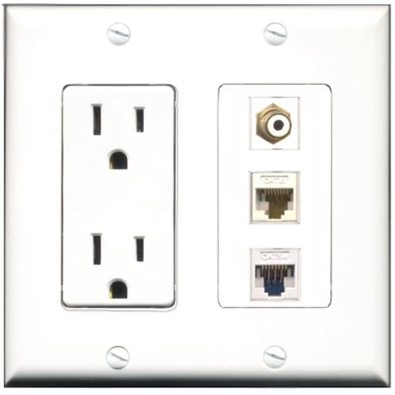 RiteAV - 15 Amp Power Outlet 1 Port RCA White 1 Port Cat5e Ethernet White 1 Port Cat6 Ethernet Ethernet White Decorative Wall Plate