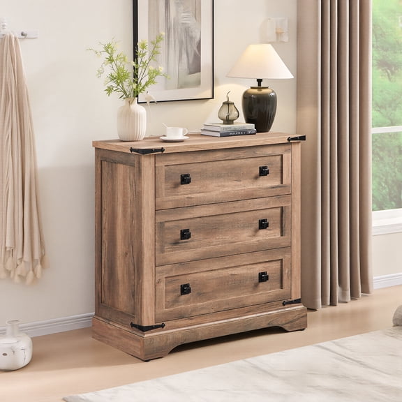 OKD 32" Farmhouse Nightstand with Charging Station, Rustic Wood End Table with 3 Storage Drawers, Side Table for Bedroom, Living Room, Rustic Oak