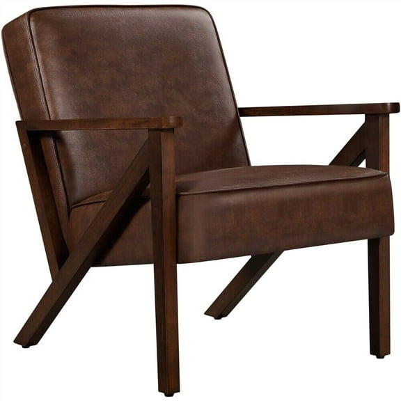 YEXJ Faux Leather Armchair Accent Chair with Z-shaped Wood Legs for Living Room,Dark Brown