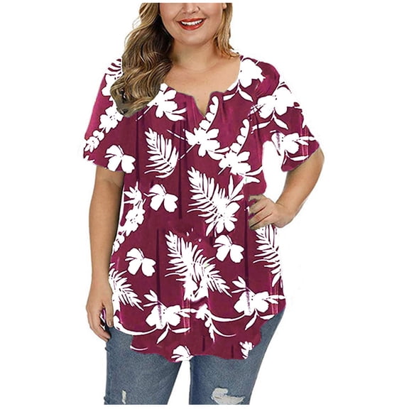 JINMGG Womens Tops under $5,Fashion Woman Causal V-Neck Floral Printing Blouse Short Sleeve T-Shirt Summer Button Tops Wine XL