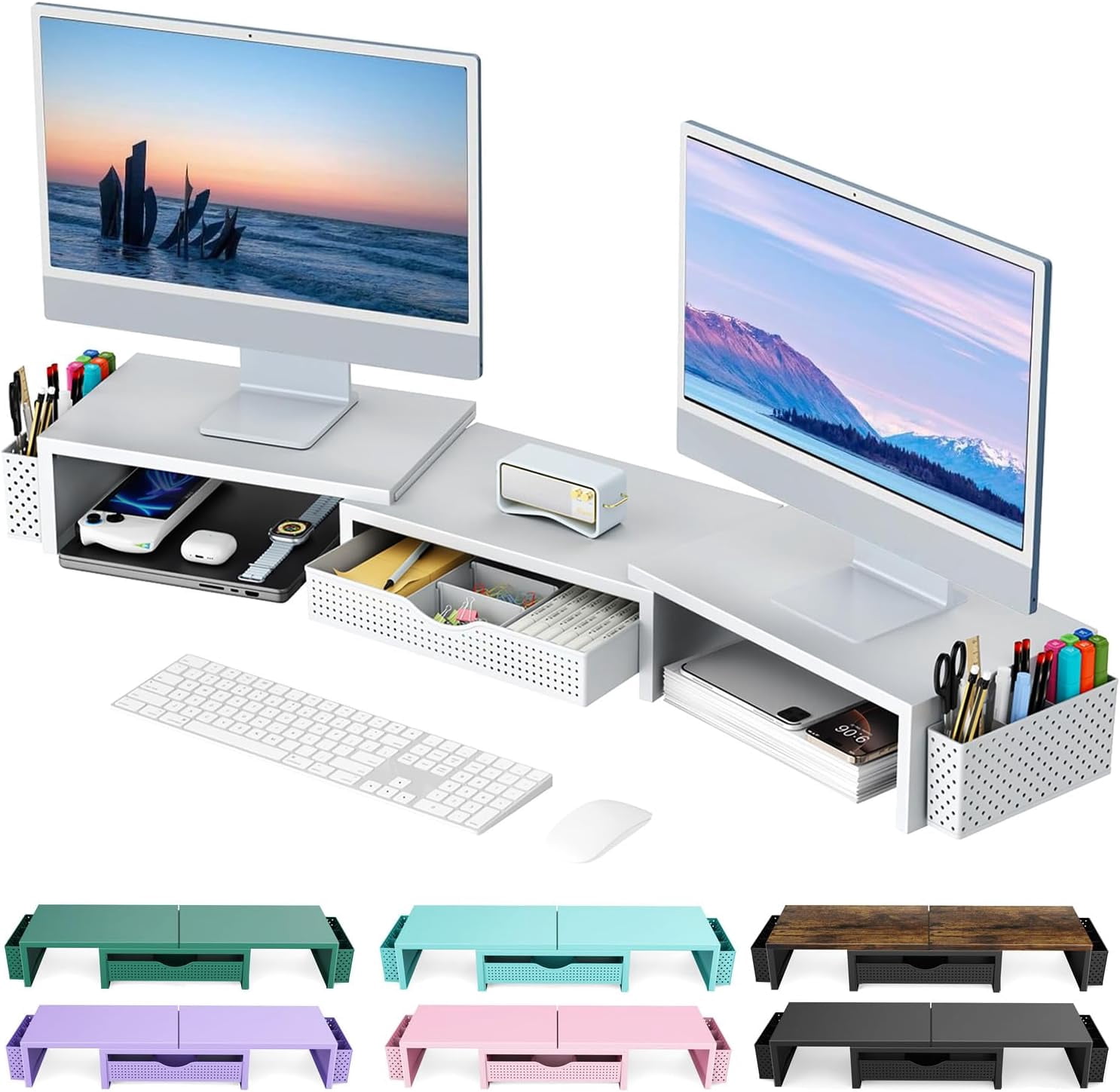 Dual Monitor Stand Riser with Drawer and Pen Holders, White Desk Organizer