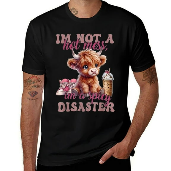 I'm Not A Hot Mess Cute Pink Highland Cow Mens T Shirts Cotton Short Sleeve T-Shirt Crew Neck Tees Casual Shirt