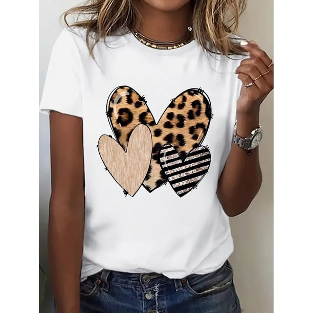 Women's Fashion Casual Sports T-Shirt with Trendy Leopard and Striped Heart Print, Crew Neck Knit Polyester Blend Tee with Medium Stretch for All Seasons
