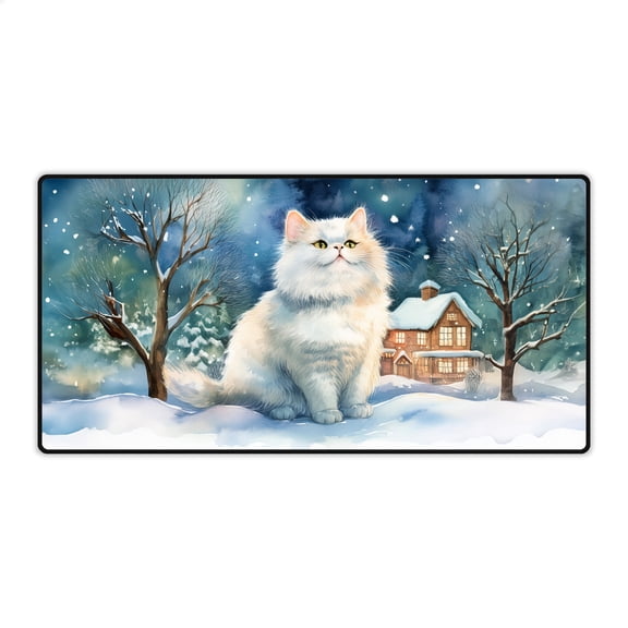 Hello Winter Persian Welcome Snowy Night Watercolor Vintage Desk Mat Full Keyboard Mouse Pad Cat Lover Kitten Owner Gifts Large Mousepad - 01011