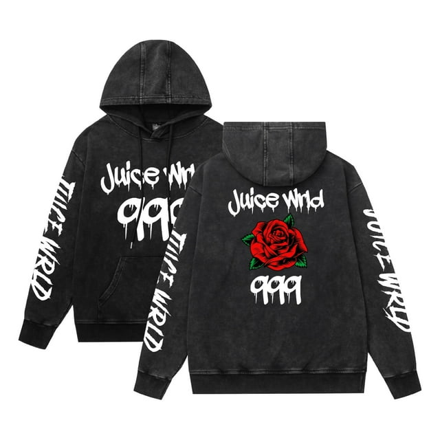 Chandail à Capuchon Juice Wrld Délavé vintage Chandail à Capuchon Hip-Hop Mode de Rue Chandail à Enfiler Rappeur Chandail Décontracté,L,Black1
