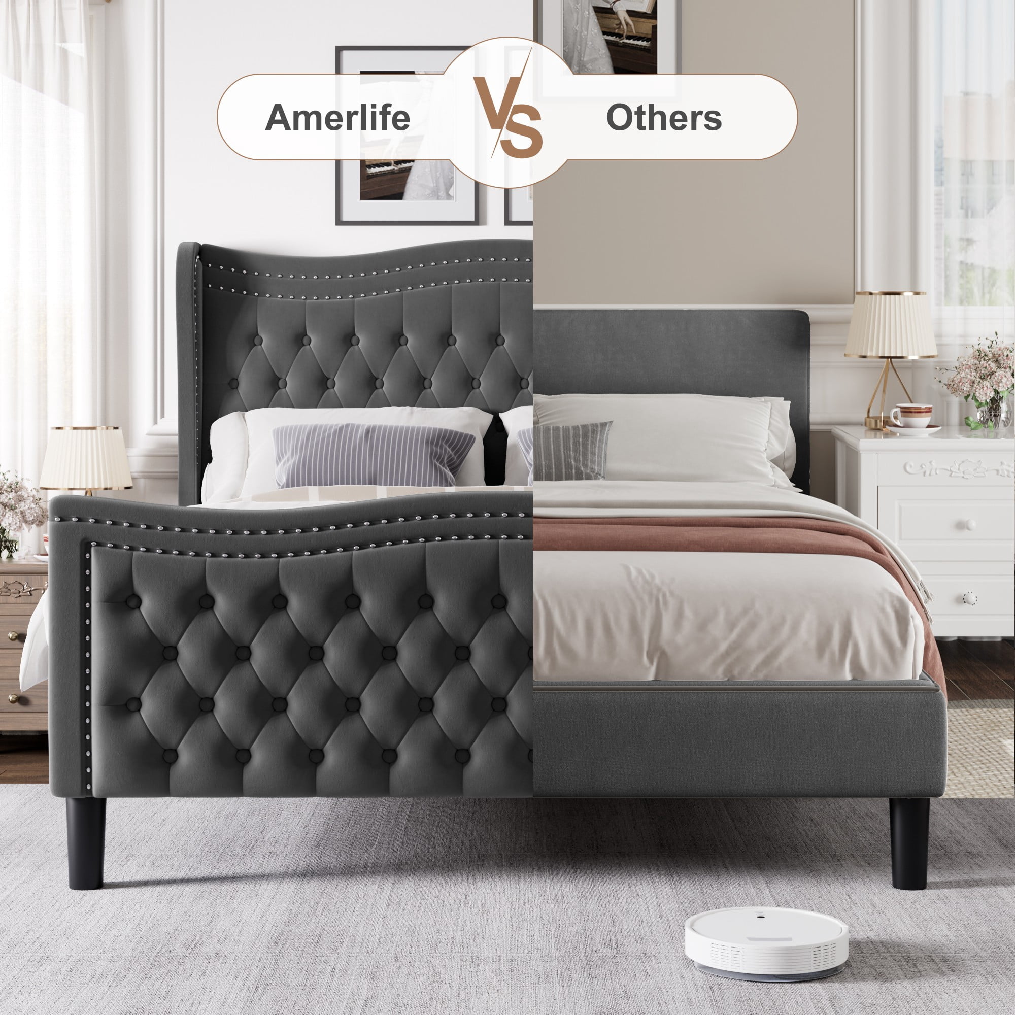 BSHTI Upholstered Queen Size Bed Frame – Diamond Tufted Wingback Headboard, No Box Spring Needed（Grey）