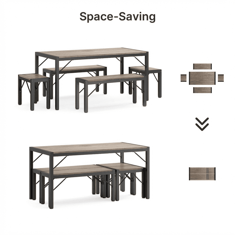 Aiho 63" 6-Seater Dining Set with 2 Stools & 2 Benches, Wood & Metal, Compact for Small Spaces/Breakfast - Gray
