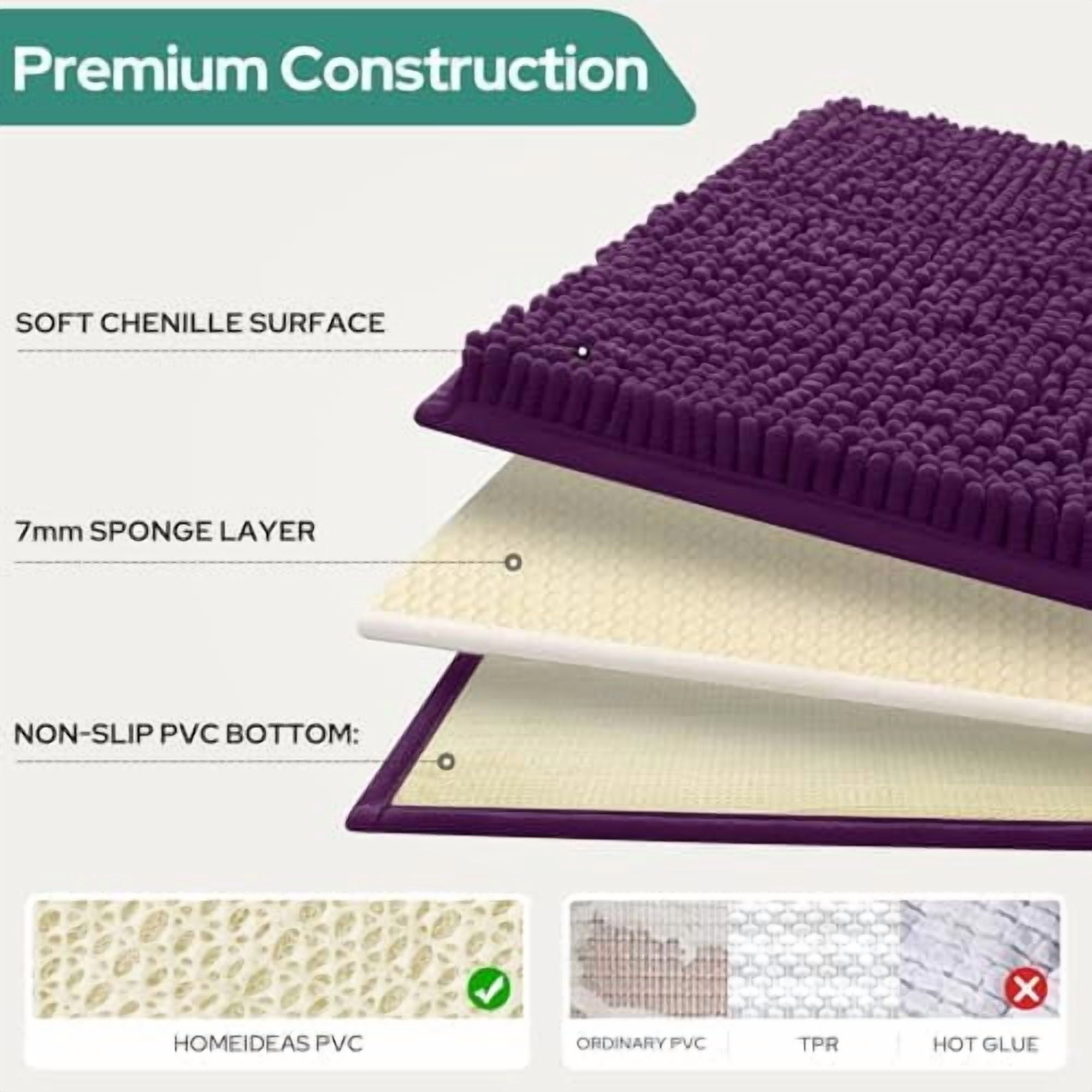 3 Pieces Dark Purple Bathroom Rugs Set, Ultra Soft Non Slip Bath Rug and Absorbent Chenille Bath Mat, Includes U-Shaped Contour Rug, Bath Mat and Toilet Lid Cover, Perfect for Bathroom Floor