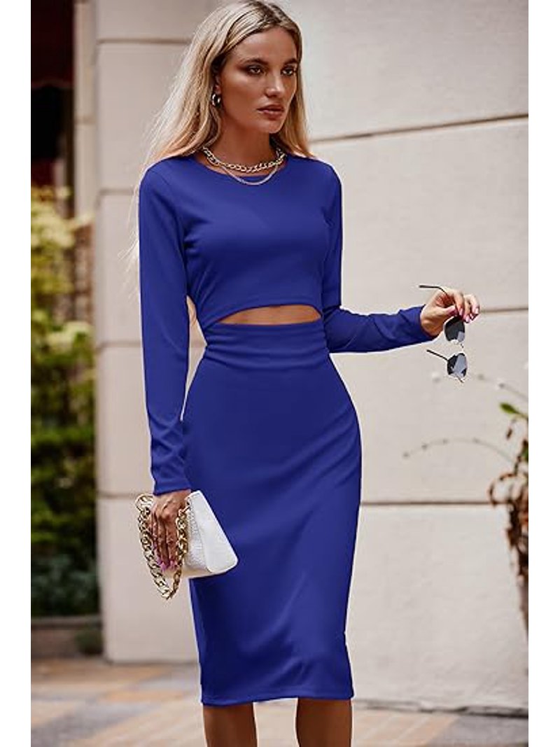 PRETTYGARDEN Women's Long Sleeve Midi Bodycon Dresses Casual Crewneck Cut  Out Ribbed Knit Fitted Pencil Dress - Walmart.com