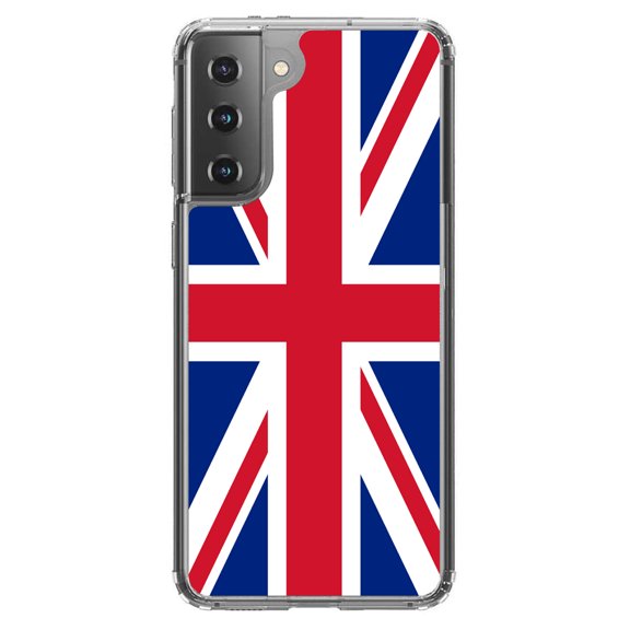 DistinctInk Clear Shockproof Hybrid Case for Galaxy S21  PLUS 5G (6.7" Screen) - TPU Bumper, Acrylic Back, Tempered Glass Screen Protector - Red White Blue British Flag UK - Love of the UK