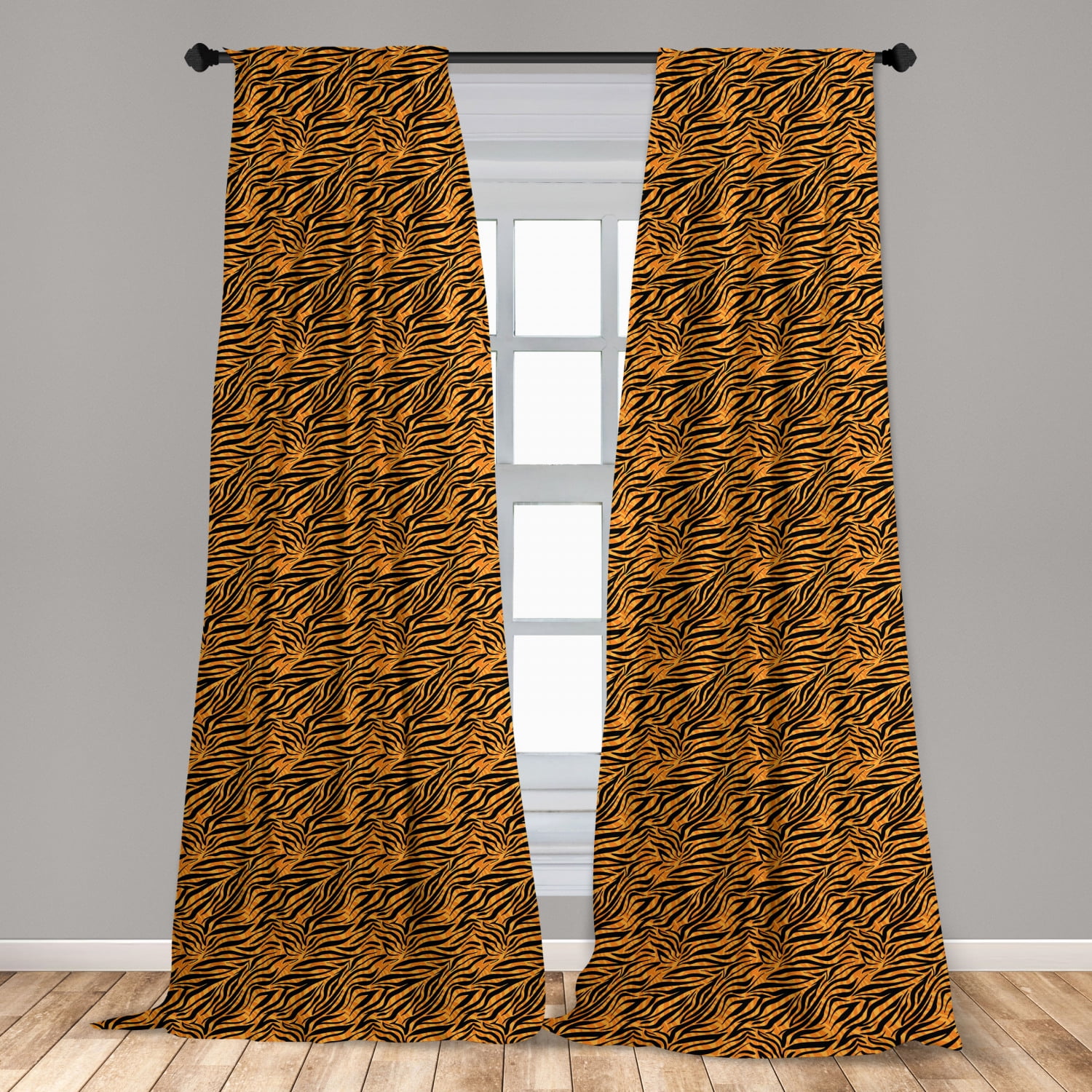 Tribal Curtains 2 Panels Set, Tiger Skin with Stripes and Warm Toned Background Motifs from
