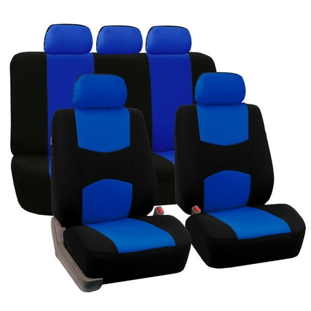 FH Group Universal Flat Cloth Fabric Car Seat Cover, 5 Headrests Full Set, Blue and Black