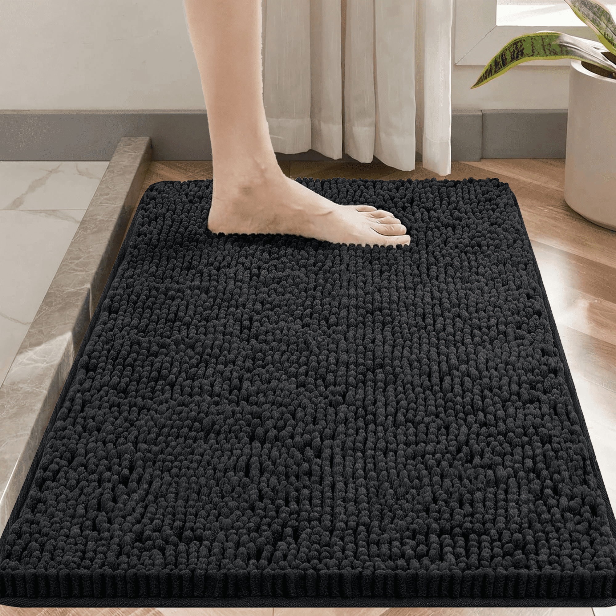 Evlmd Bathroom Rugs, Extra Soft Absorbent Shaggy Chenille Bath Rugs, Non-Slip Black Bath Mats for Bathroom Floor Tub and Shower, Home Decor Accessories, 24" X 47"