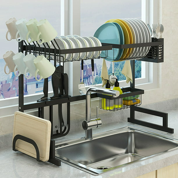 2 Tier Dish Drying Rack Over Sink Drainer Shelf Kitchen Cutlery Utensils Holder Stainless Steel