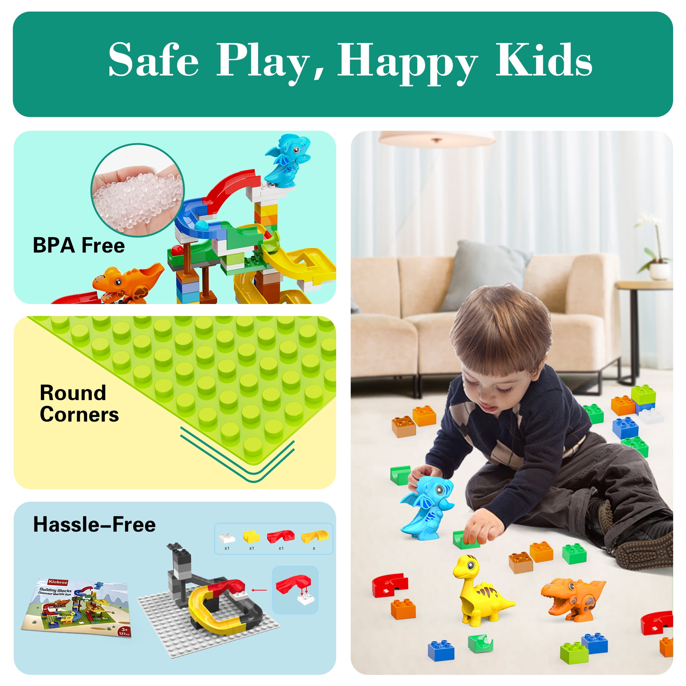 Dinosaur Marble Run Building Blocks Set, 127-Piece Large Classic Bricks with 2 Baseplates, STEM Learning Toy for Kids Ages 3-8, Compatible with All Major Brands