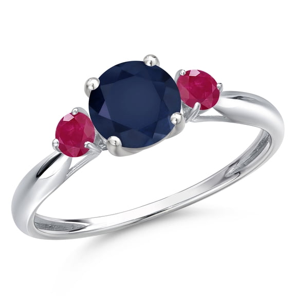Gem Stone King 10K White Gold Blue Sapphire and Red Ruby 3-Stone Ring for Women | 1.41 Cttw | Round 6MM | Gemstone September Birthstone | Size 8