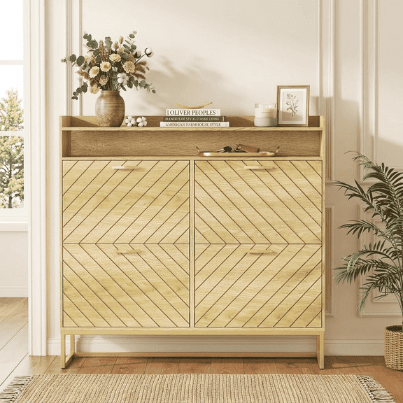 Danpinera Home Slim 4-Drawer Shoe Cabinet for Entryway, Narrow Wooden Shoe Storage with Fluted Design, Adjustable Shelves & Open Rack, Natural Oak