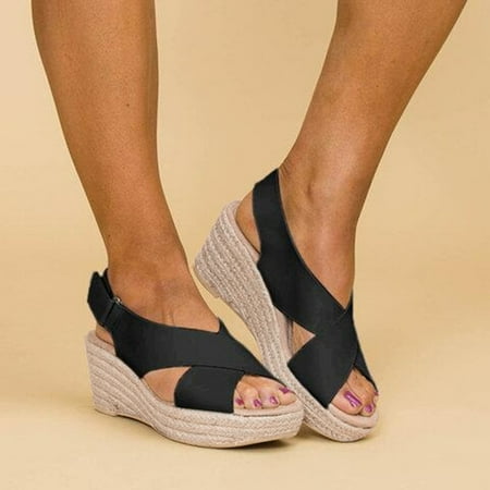 

Cathalem Open Toe Beach Wedges Weave Women s Sandals Summer Breathable Strap Buckle Shoes Women s Narrow Sandals for Women Black 7.5