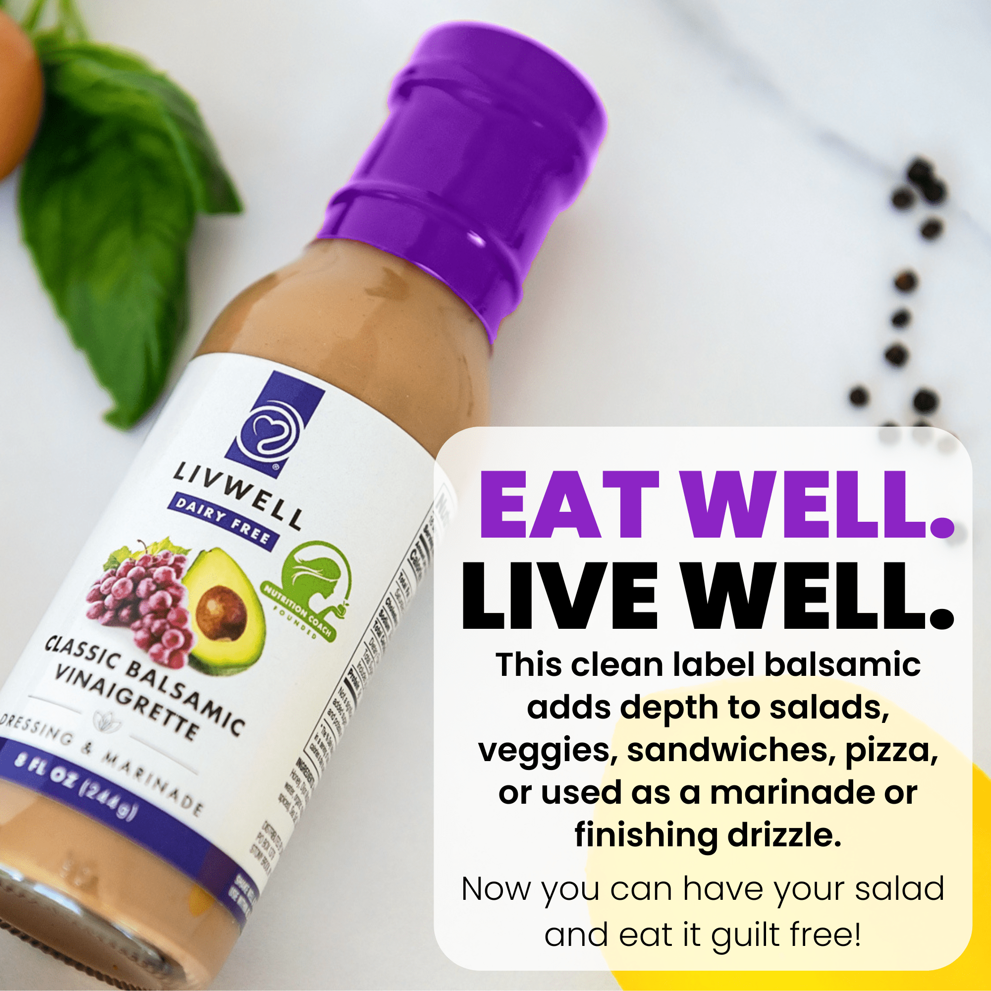 LIVWELL Dairy-Free Balsamic Vinaigrette Dressing & Marinade, Made with Avocado Oil, Gluten-Free, 8 oz