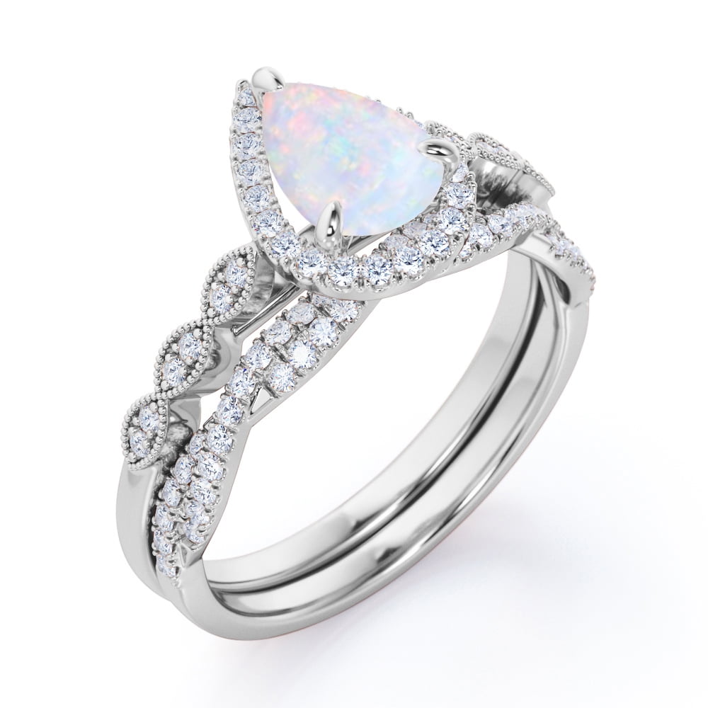JeenMata 1.5 Carat Pear Cut Lab Created Opal and Moissanite Vintage Engagement Ring - Halo Pave Bridal Set in 18K White Gold Plating for Women