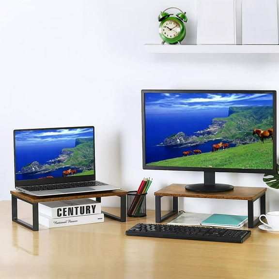 2 Pcs Monitor Stand Risers Computer Riser Wood Desktop Shelf for Laptop Printer