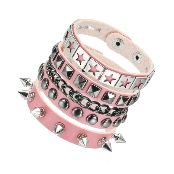 Uxcell 3Pcs Rock Punk Studded Leather Bracelet Set, 8.7"/22cm Goth Spiked Cuff Wristband Adjustable Bracelets for Emo Grunge Accessories Halloween Party Favors, Pink