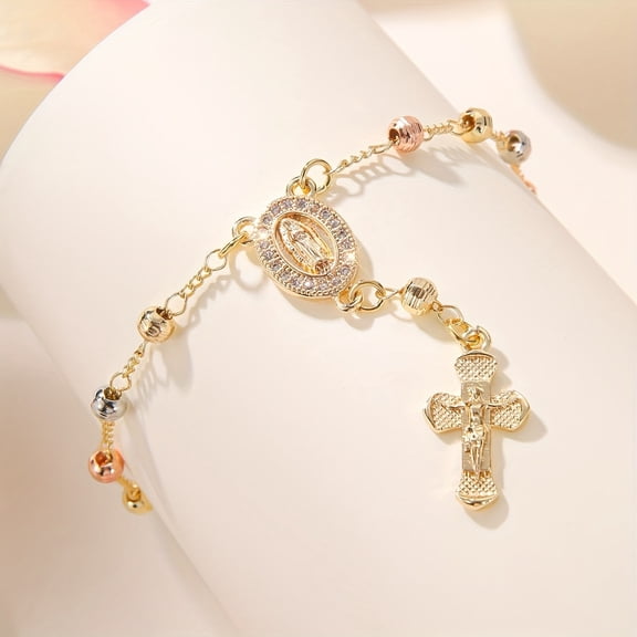 Rosary Style Tri Color Beaded Bracelet With Virgin Mary Medal And Crucifix Charm For Women 14K Gold Filled Graceful Faithful Jewelry