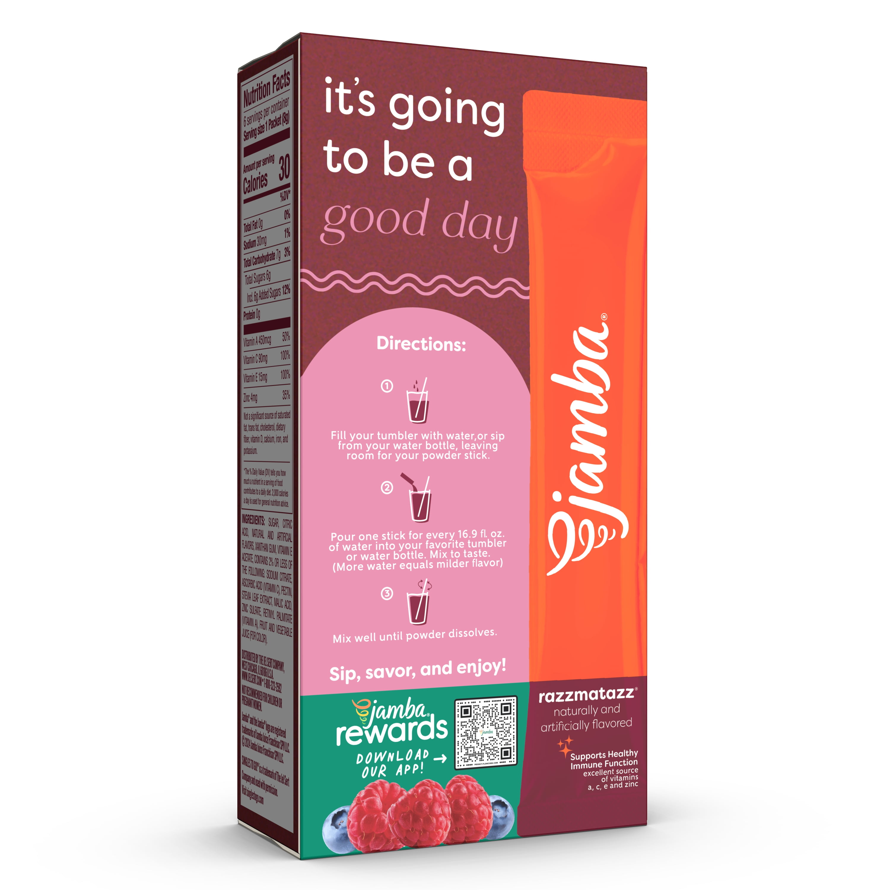 (2 pack) Jamba Immune Support Vitamin Enhanced Singles to Go! Low Calorie Powdered Drink Mix, Razzmatazz, 0.27 oz, 6 Count Packets