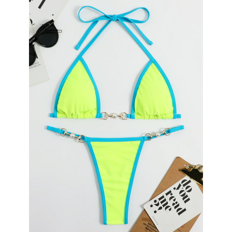 Women Triangle Halter Bikini Set High Cut String Thong Bathing Suit Self  Tie Two Piece Swimsuit Swimwear with Faux Pearl Decor Neon Green L