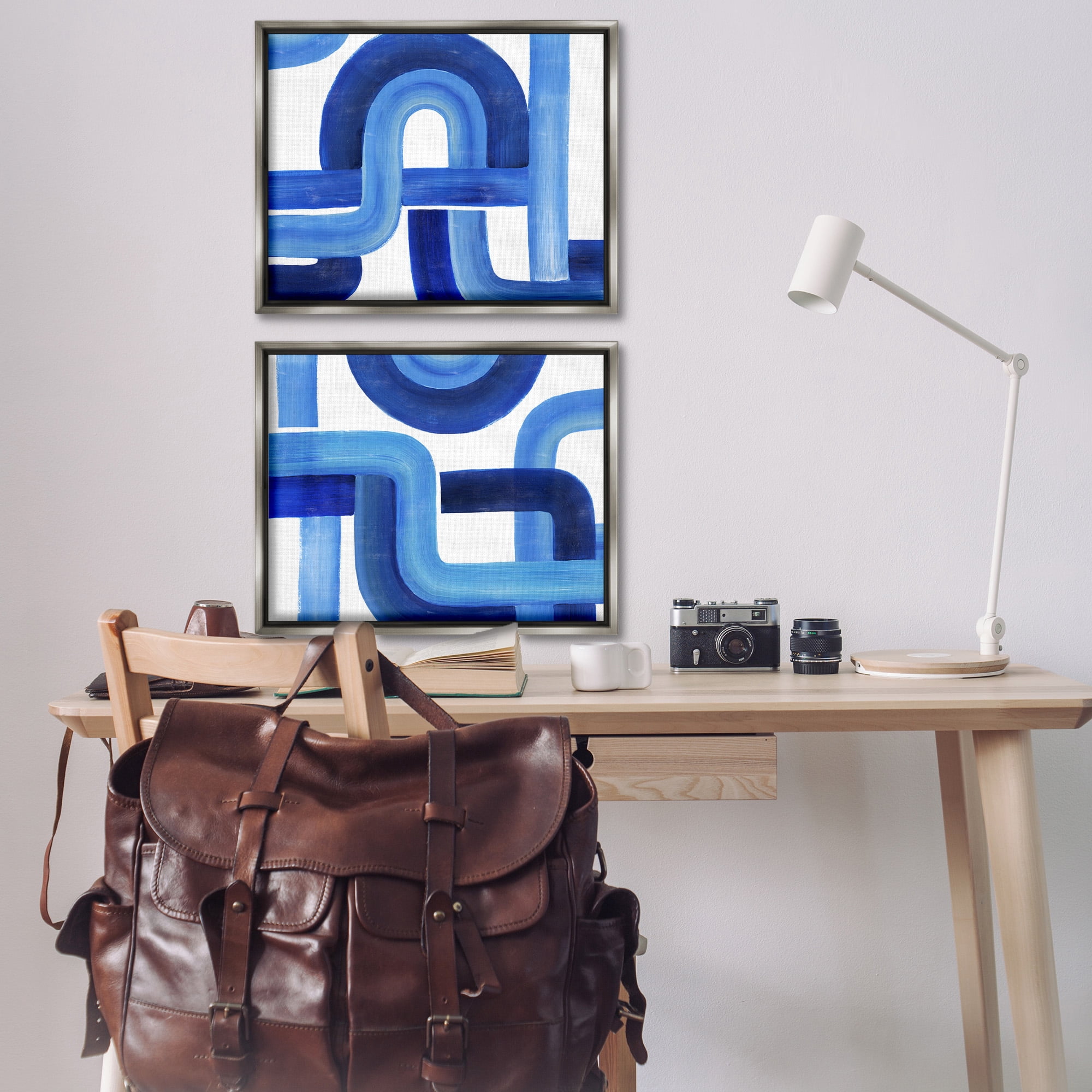Stupell Industries Woven Blue Geometric Lines Abstract Painting Gray Floater Framed Canvas Art Print Wall Art, 31 x 25, Set of 2