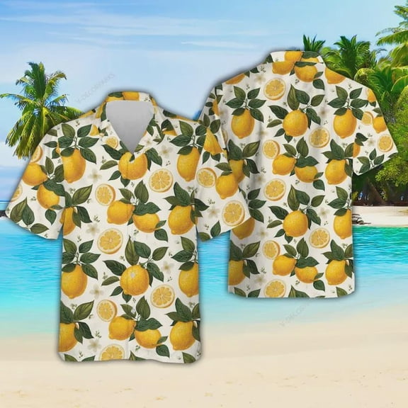 Lemon Pattern Hawaiian Shirt, Summer Aloha Beach Shirt, Unisex Button Down Short Sleeve Shirts, Summer Shirt, Family Hawaiian Shirt