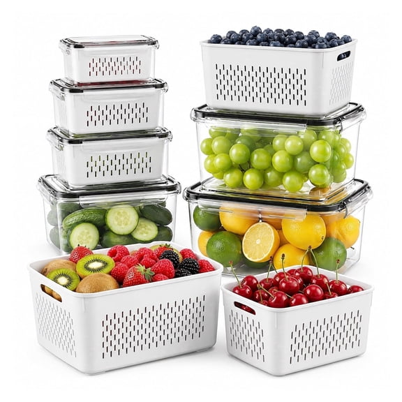 6-Pack Produce Storage Containers with Removable Colanders for Fruits, Vegetables & Berries, Meat Fresh Longer, Dishwasher & Microwave