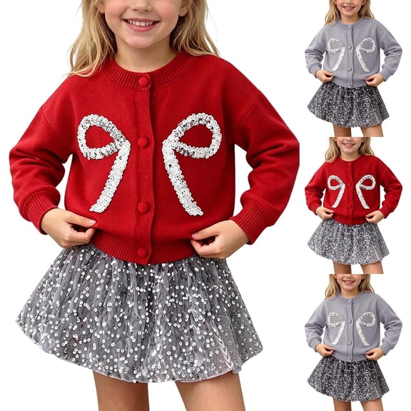 Lovzfmll Girl's Party Set, Glitter Button Cardigan & A-Line Skirt, Dressy Outfits for Little Girls, 7-8 Years