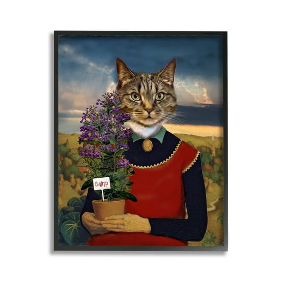 Stupell Industries Gardening Cat with Catnip Animals & Insects Painting Black Framed Art Print Wall Art, 11 x 14