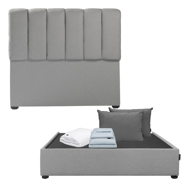 Box Base Cama Queen Size + Cabecera Kami Gris + Almohada 2Pack + Protector Cloud + Sabanas Softy