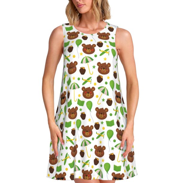 Fotbe Cute Bear Vestido de Verano sin Mangas para Mujer – Vestido Midi Línea A, Estilo Camiseta Floral, Vestido Playero Casual y Fluido