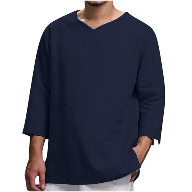 CEHVOM Men's Long-sleeved V-neck Cotton And Linen Loose Shirt Pure Color Multi-size Sale